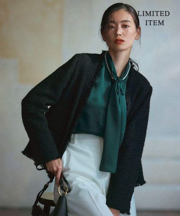 ICB 【WEB限定・洗える】 ドレープサテン ボウタイブラウス ミッドグリーン系