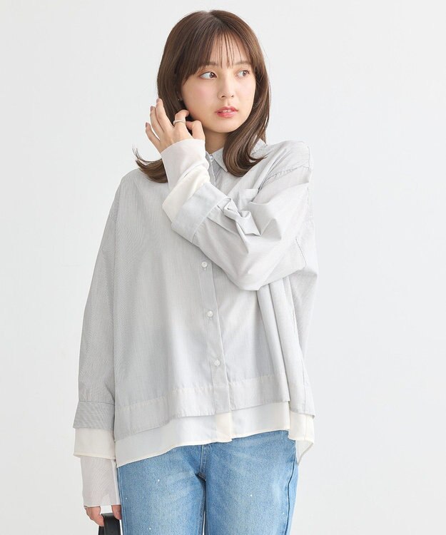 earth music&ecology シフォン×チュールレイヤードシャツ Stripe