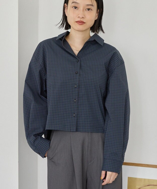 AMERICAN HOLIC クロップド丈バックタックシャツ Check Navy