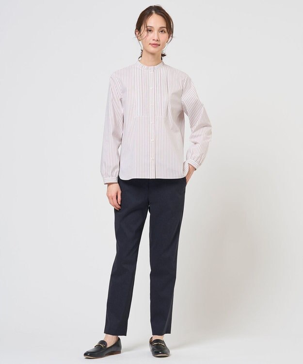 J.PRESS LADIES L BEZコットンナイロン ストライプ フリル襟 ブラウス ホワイト×グレー系