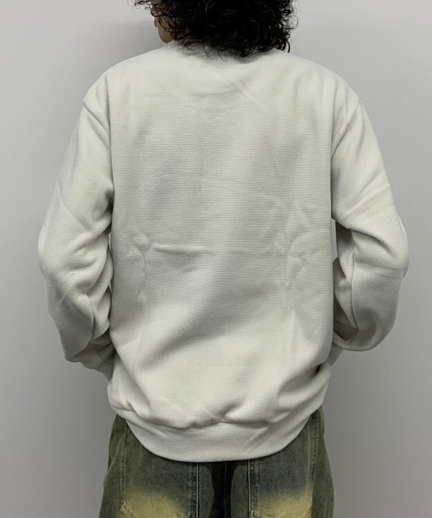 WEGO 【ユニセックス着用ITEM】ワッフルフリースOP刺繍クルートレーナー ホワイトアイボリー