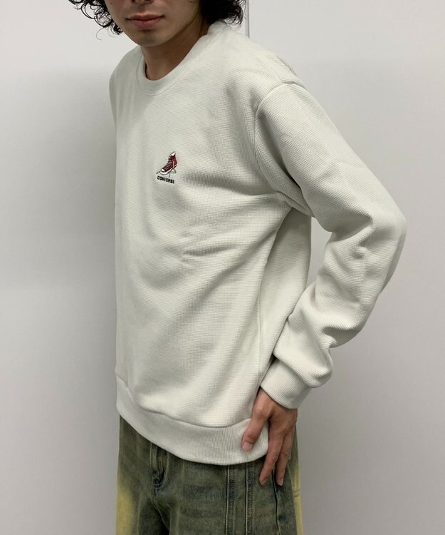 WEGO 【ユニセックス着用ITEM】ワッフルフリースOP刺繍クルートレーナー ホワイトアイボリー