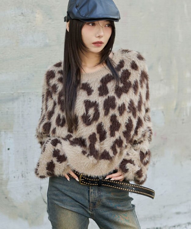 WEGO レオパードシャギーショートニット ベージュ