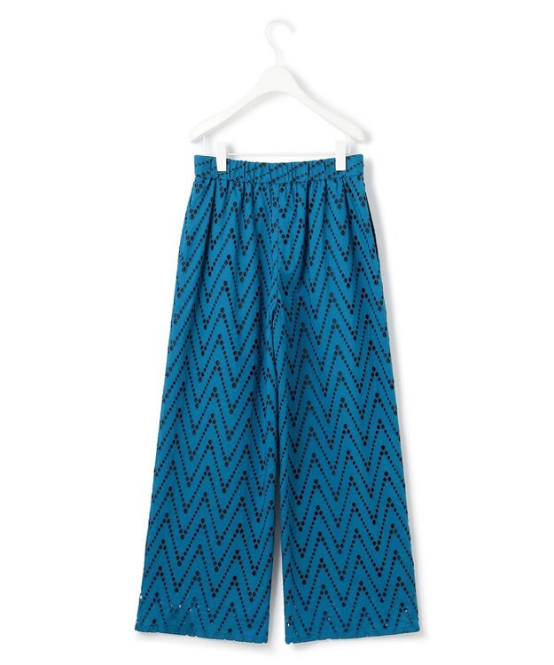 ICB 【洗える】 ヘリンボーンエンブロイダリー ワイドストレートパンツ ターコイズ系