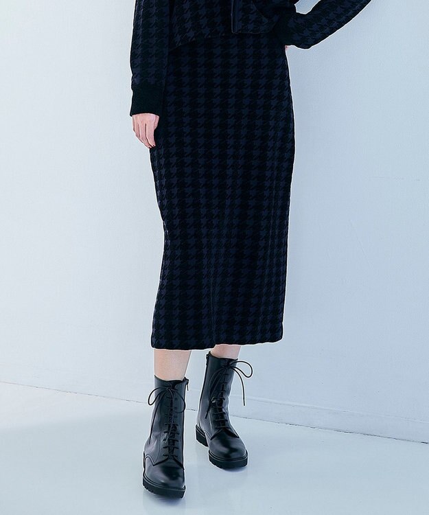ICB 【洗える】ハウンドトゥースパターン ニットスカート ネイビー系