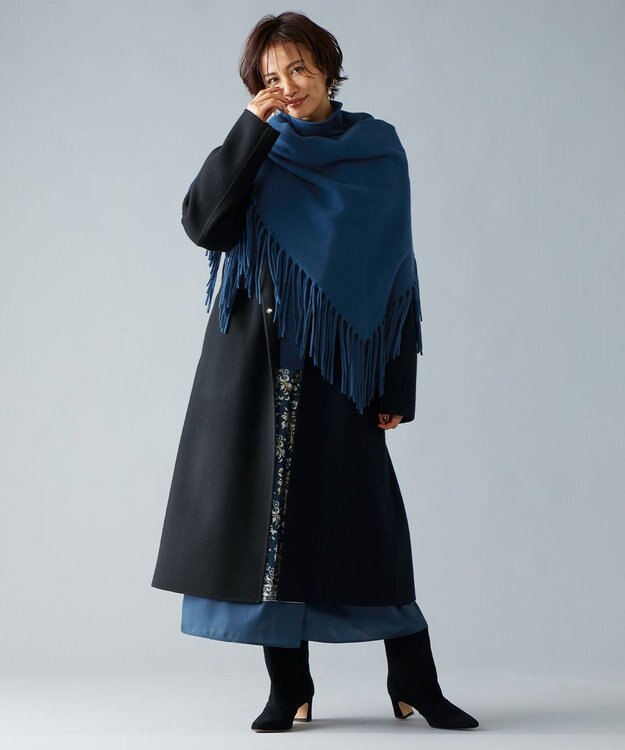 自由区 【洗える】ソフトウールハイゲージフリンジ ストール ブルー系