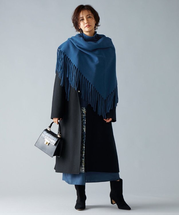 自由区 【洗える】ソフトウールハイゲージフリンジ ストール ブルー系