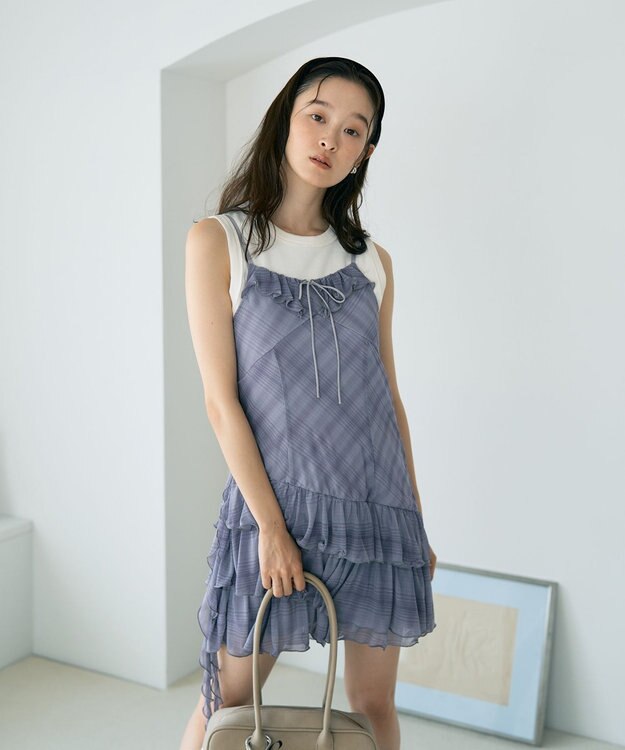 earth music&ecology フロントリボンチェックミニキャミワンピース Check Gray
