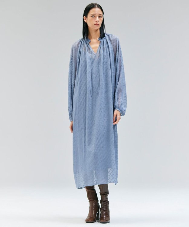 BEIGE， CALLERRY / シルク混ドットギャザーワンピース Dull Blue