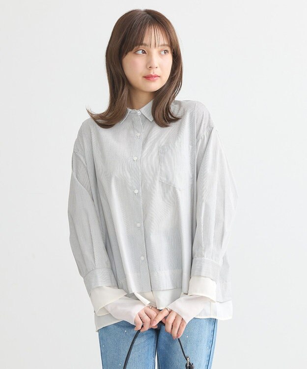 earth music&ecology シフォン×チュールレイヤードシャツ Stripe