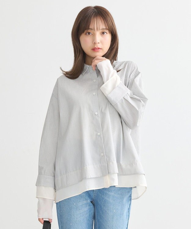 earth music&ecology シフォン×チュールレイヤードシャツ Stripe