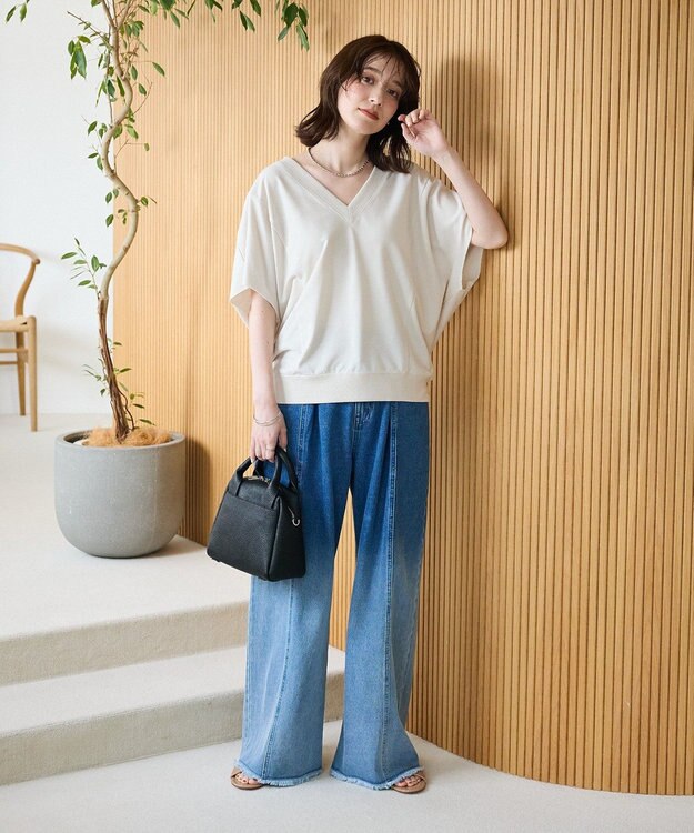 Green Parks 深Ｖネックミニ裏毛フレンチスリーブプルオーバー Gray