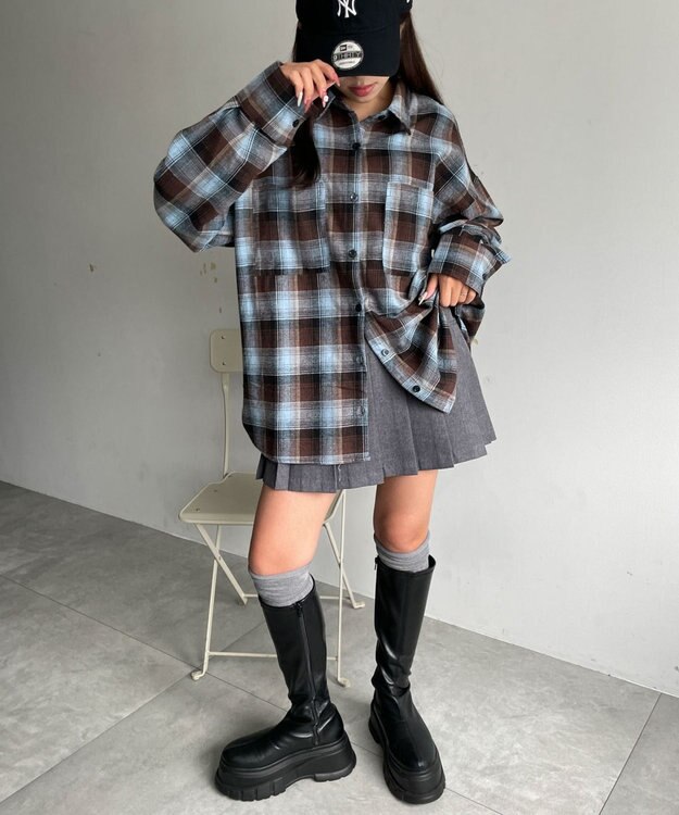 WEGO チェックBIGシャツ ブラウンチェック1