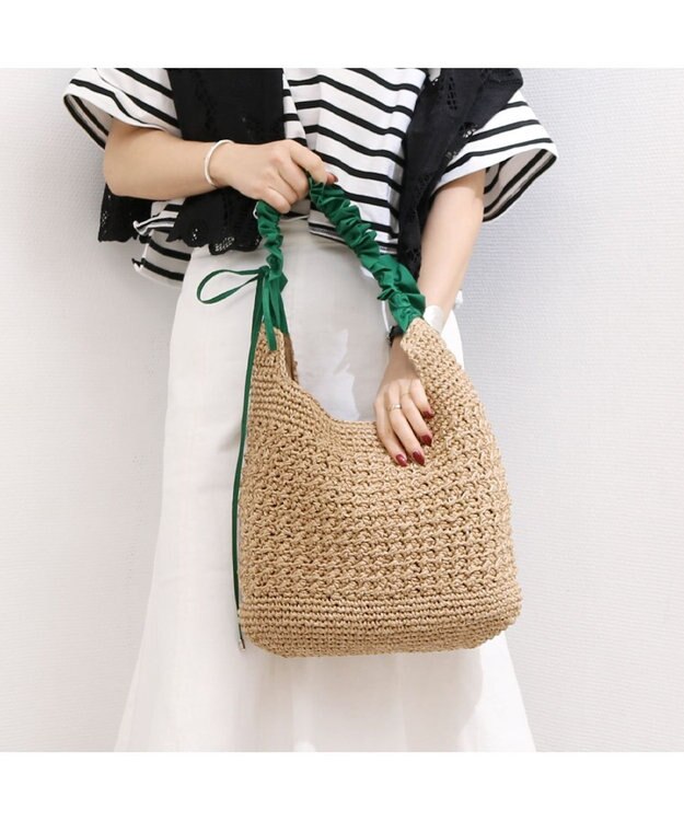 UNBILLION カシュカシュ cachecache / ドロストフリルハンドル地柄編みトート カゴバッグ グリーン
