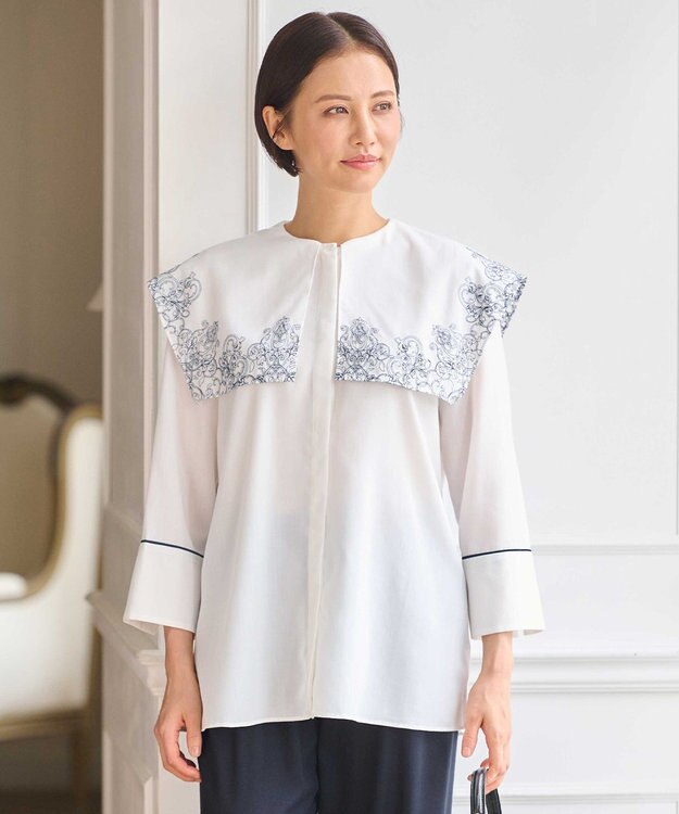 自由区 S 【2WAY・洗える】コードエンブロイダリー襟付き ブラウス オフ