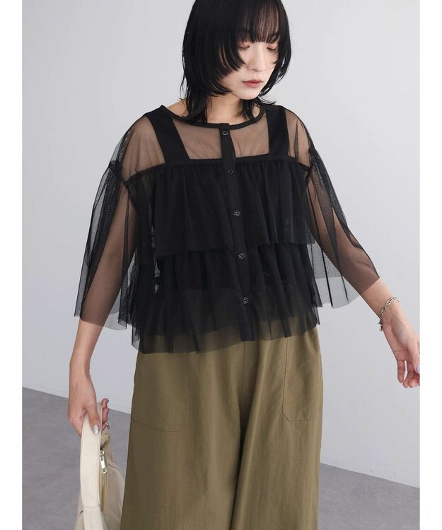 Green Parks ・ＳＵＧＡＲ　ＳＰＯＯＮ　チュールティアードブラウス Black