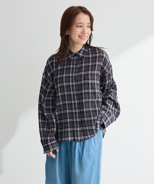 Green Parks スカーフ付チェックシャツ Charcoal Gray