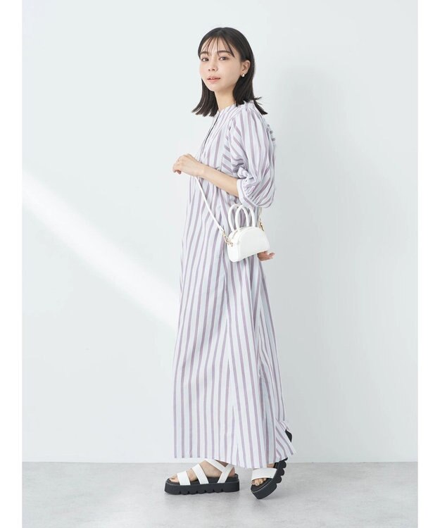 earth music&ecology ポプリンフレアワンピース Stripe Sax