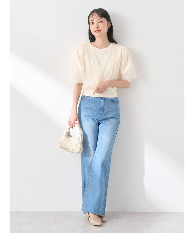 earth music&ecology ラインストーンフレアデニムパンツ Light Indigo