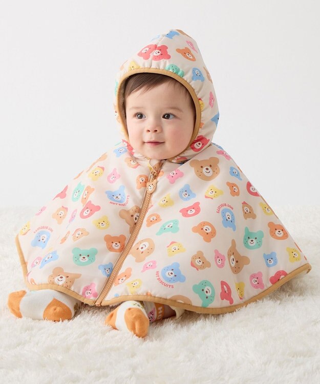 MIKI HOUSE HOT BISCUITS カラフルビーンズ 裏ボアフリース リバーシブル総柄マント マルチカラー