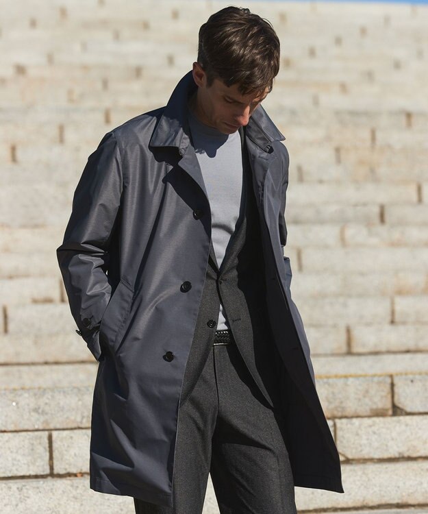 GOTAIRIKU ダウンライナー装着可【半裏仕様】メランジシャンブレー ステンカラースプリングコート ライトグレー系