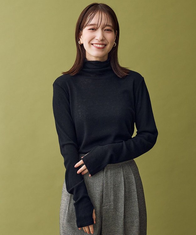 ANY L ウール混リブタートルネックカットソー ブラック