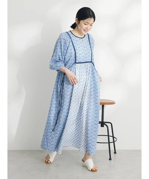 CRAFT STANDARD BOUTIQUE インド綿混エスニック切替ワンピース Blue