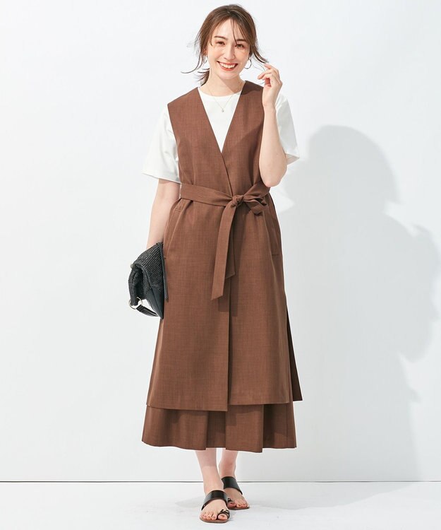 自由区 【接触冷感・速乾・UVカット・撥水・防シワ】リネンライクツイル ロングジレ ダークブラウン系