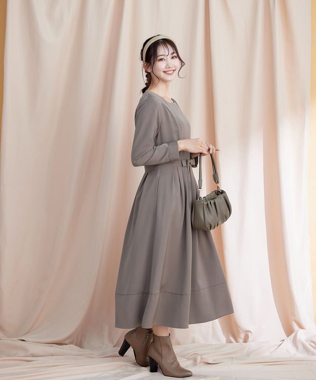 Tiaclasse 【洗える】  リボンギャザーフレアワンピース モカ