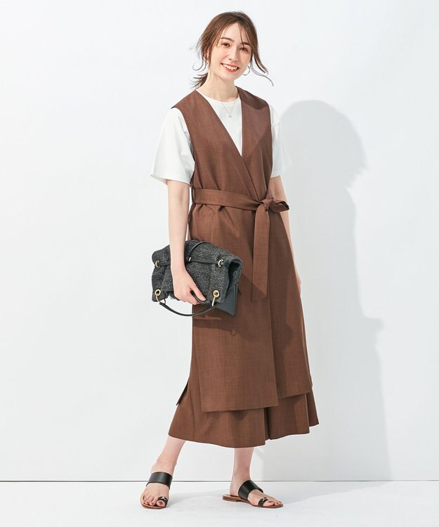 自由区 L 【接触冷感・速乾・UVカット・撥水・防シワ】リネンライクツイル ロングジレ ダークブラウン系