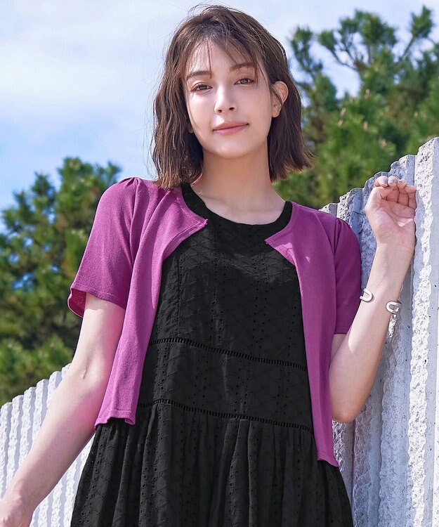 Tiaclasse L 【新色追加・洗える・UVケア・接触冷感】サマーニット半袖カーディガン パープルピンク