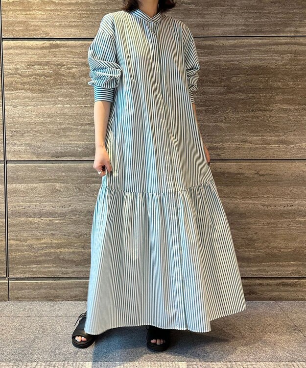 UNFILO 【洗える】イージーケア シャツワンピース グリーン×ホワイト