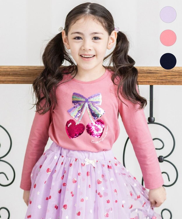 ANY KIDS ミラクルスパンコール 長袖 Tシャツ ピンク×チェリー