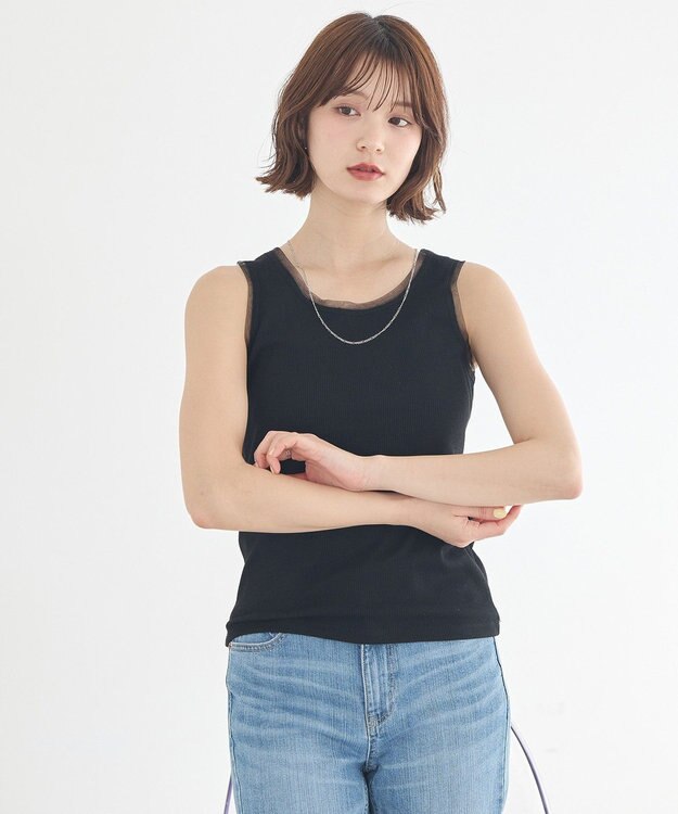 earth music&ecology エッジチュールラメテレコタンクトップ Black