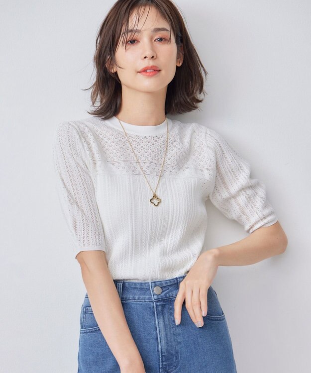 組曲 L 【WEB限定】編地切り替え 半袖ニット パールホワイト系
