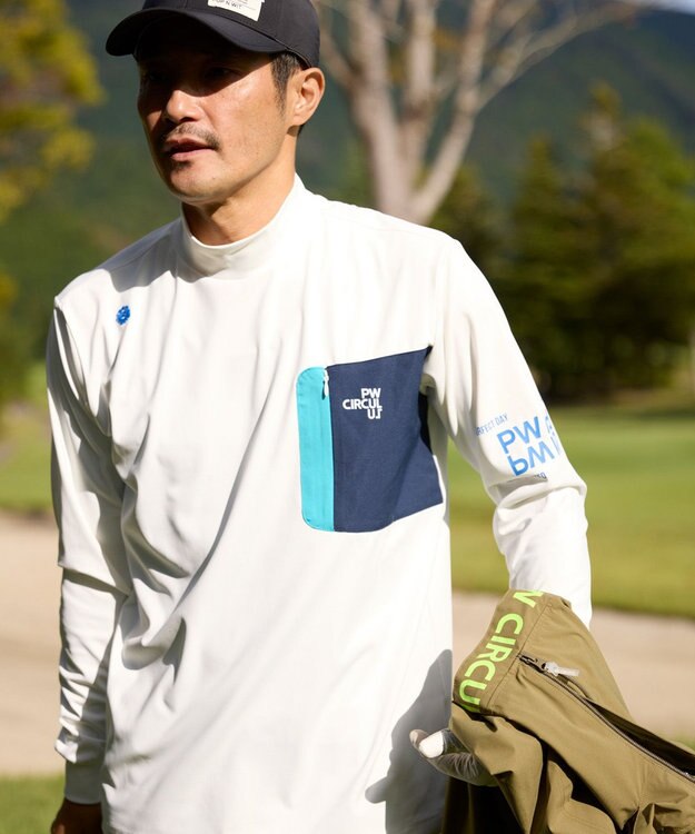 PW CIRCULUS 【吸水速乾 / UV遮蔽率99.5% UVカット / ストレッチ】【MEN】ロングスリーブ ポケットモックT ゴルフ ホワイト系
