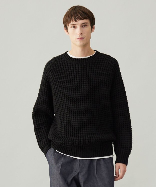 UNFILO MENS 【男女兼用】ウールポップコーン クルーネック ニット ブラック