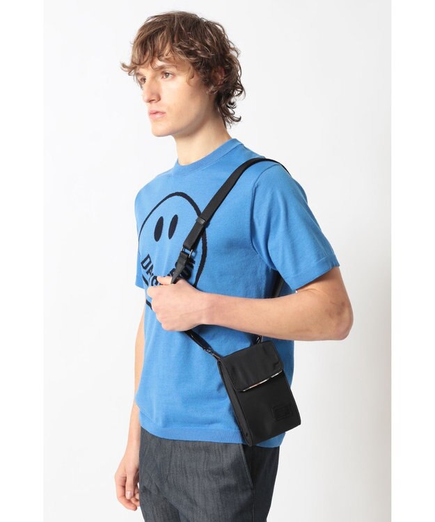 DAKS 軽量ナイロン×牛革 ハウスチェックディテール ネックポーチ ブラック