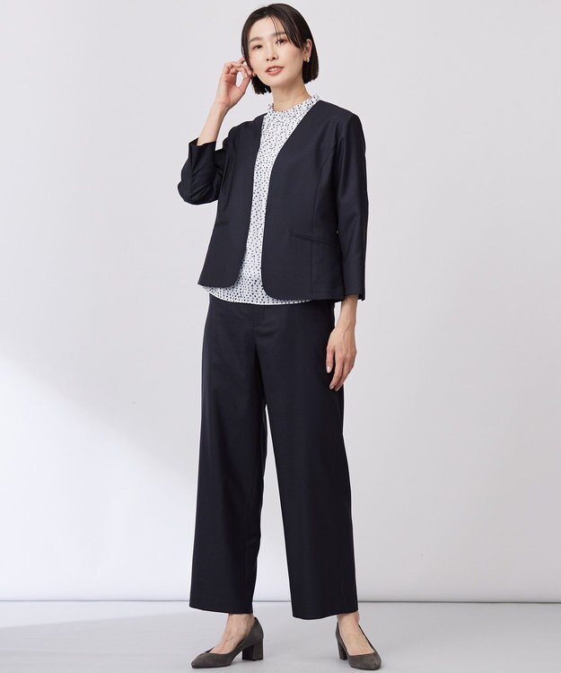 J.PRESS LADIES 【セットアップ対応・洗える・UVケア・吸水速乾】OXIJEWELストレッチ ノーカラー ジャケット ネイビー系