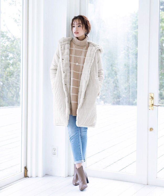 Tiaclasse L 【洗える】チェックジャガードニットチュニック ベージュ