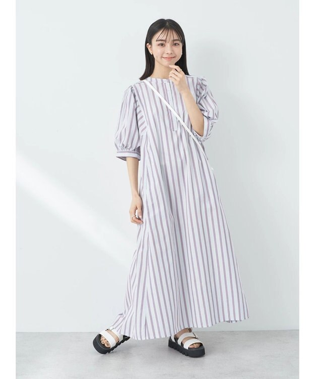earth music&ecology ポプリンフレアワンピース Stripe Sax
