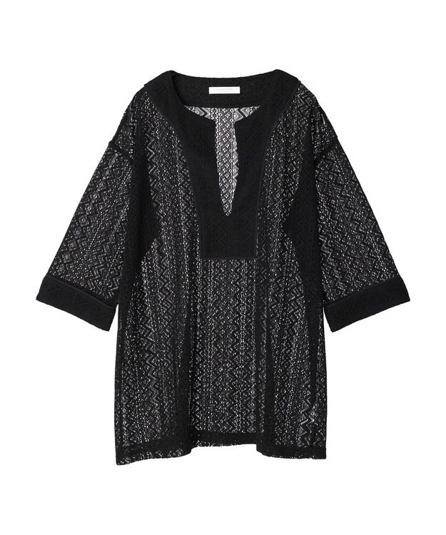 Green Parks カフタンレース７分袖ブラウス Black