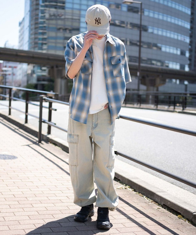 WEGO 【SMLサイズ展開/ウエスト紐】イージー3Dバレルレッグデニムカーゴパンツ デニム淡色