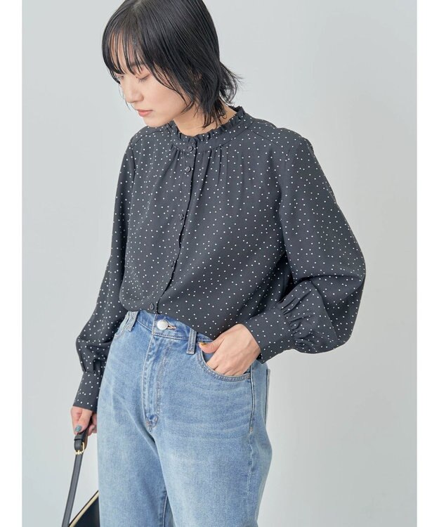 Green Parks ＢＰ　ケア楽　スタンドフリルブラウス Dot Black