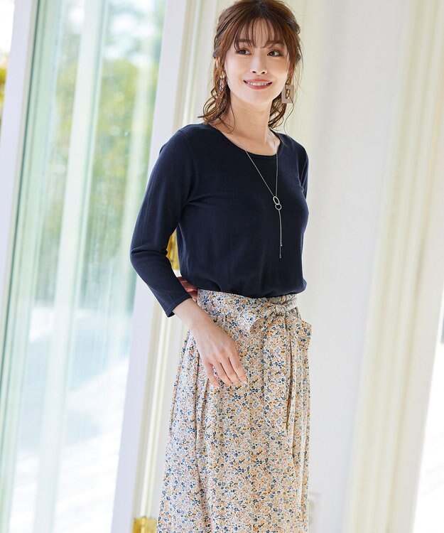 Tiaclasse 【洗える】異素材を組み合わせた花柄ドッキングワンピース ネイビー