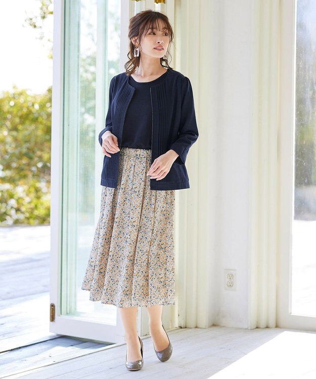 Tiaclasse 【洗える】異素材を組み合わせた花柄ドッキングワンピース ネイビー