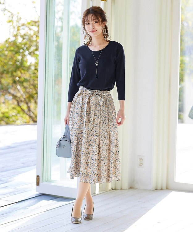 Tiaclasse 【洗える】異素材を組み合わせた花柄ドッキングワンピース ネイビー