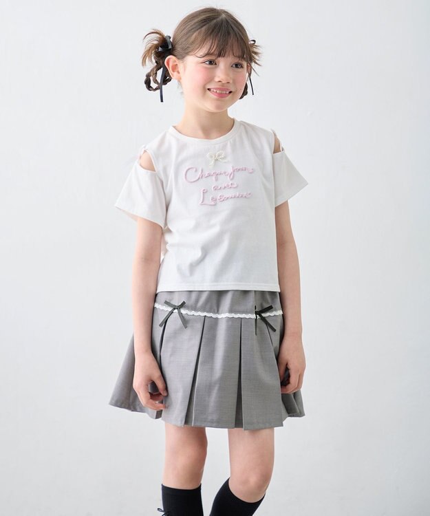ANY KIDS 【洗濯機可能】肩あき ロゴ刺繍Tシャツ オフホワイト