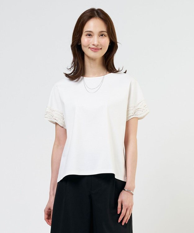J.PRESS LADIES S 【一枚で着映え・シーンレスに活躍】コットンスムース レースデザイン カットソー ホワイト系