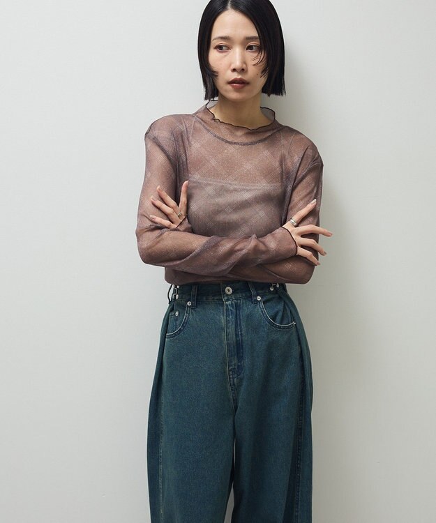 Green Parks シアー柄プルオーバー Check Brown